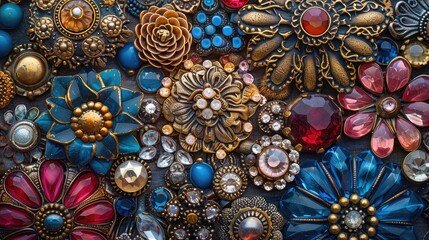 banner background National Cherish An Antique Day theme, and wide copy space, Digital collage of vintage jewelry pieces like brooches and lockets forming an intricate and sparkling mosaic, - obrazy, fototapety, plakaty