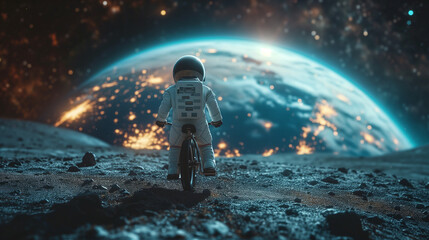 Kid spaceman or astronaut riding bicycle in galaxy space