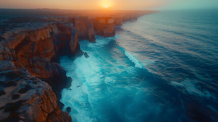 Sunset Hues Over Ocean Cliffs: A Seascape Harmony