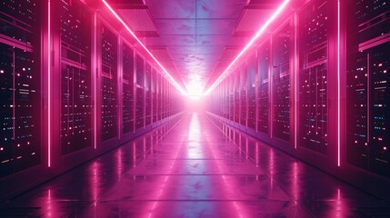 Naklejka premium Abstract door in tunnel with digital data center light signals. Future computer technology concept of cyber gate in cyberspace or metaverse. Fantasy cyber door or portal in data center.