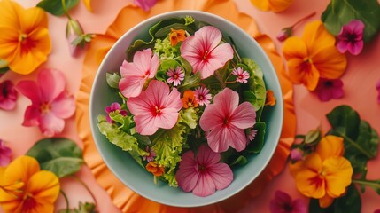 Vibrant Edible Flower Salad on Warm Coral Background, Healthy Meal Concept