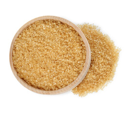 Brown sugar in bowl isolated on white, top view