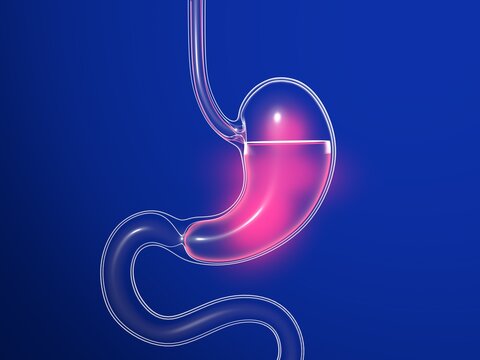 3D illustration of stomach with burning. Anatomical cut of transparent glass with lights and reflections on a dark blue background.