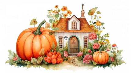 Charming wooden fairy house among orange dahlias and ripe pumpkins, beautiful roof and flowers garden