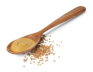 Fresh tasty mustard sauce in spoon and dry seeds isolated on white