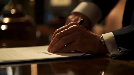 Fotobehang Focused Hand Signing Important Official Document with Pen in Intimate Setting © pkproject