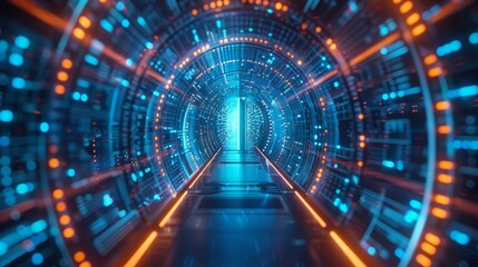 Fototapeta premium Abstract door in tunnel with digital data center light signals. Future computer technology concept of cyber gate in cyberspace or metaverse. Fantasy cyber door or portal in data center.