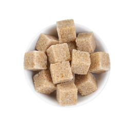 Brown sugar cubes in bowl isolated on white, top view