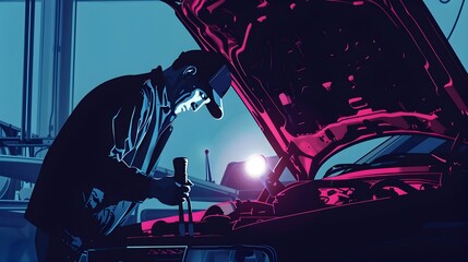 Meticulous Mechanic Inspecting Automobile Engine Under Bright Illumination with Assortment of Tools