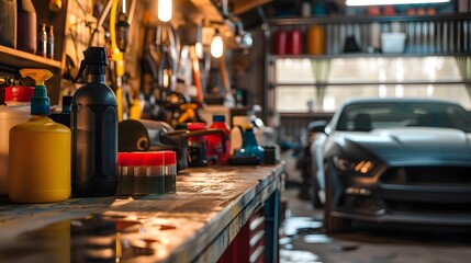 Organized Garage Workspace with Variety of Car Care Products and Tools for DIY Maintenance and Repair