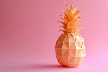 Origami pineapple on pink background with copy space in middle, tropical fruit concept