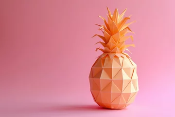 Foto op Aluminium Origami pineapple on pink background with copy space in middle, tropical fruit concept © SHOTPRIME STUDIO