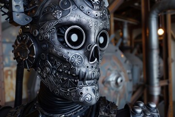 Mystic mech with etched Aztec facial designs, carbon fiber plumes, industrial setting - obrazy, fototapety, plakaty