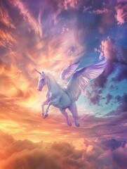 Pegasus and griffin racing, pastel clouds, sky background at dawn