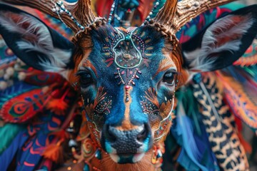 Regal deer with vibrant headdress, painted visage, spiritual aura closeup