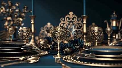 Luxurious Arabic Banquet Table with Ornate Gold-Trimmed Tableware and Elegant Arabesque Decor