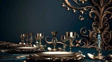 Opulent Arabic Banquet Table with Lavish Gold-Trimmed Tableware and Elegant Arabesque Decor,Epitome of Islamic Luxury