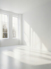 empty bright room with white walls, wooden floor, light from the window