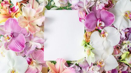 a photo with a white sheet of paper mockup on a sea of beautiful flowers
