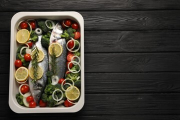 Raw fish with vegetables and lemon in baking dish on black wooden table, top view. Space for text