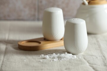 Organic salt and shaker on table, closeup. Space for text