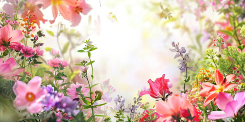 Fototapeta na wymiar Beautiful Spring Flowers Field Under Bright Blue Sky with Distant Meadow in Background