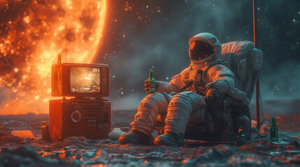 Astronaut in a space suit sits on the planet drinking beer and watching TV against the backdrop of a red burning planet - obrazy, fototapety, plakaty