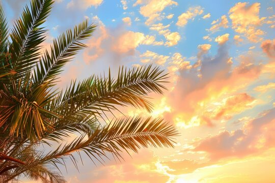 Coconut palm tree sunlight in summer - clouds with blue sky background. Vintage color tone effect. Beautiful simple AI generated image in 4K, unique.