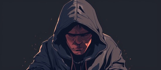In a hoodie, a man's gaze is sharp as he holds a knife with a focused expression - obrazy, fototapety, plakaty