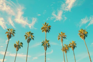 Obraz premium Low angle view of tropical coconut palm trees with clear blue sky - AI Generated. Beautiful simple AI generated image in 4K, unique.