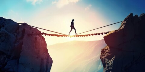 rock climbing with ropes, bridges at the top of mountains