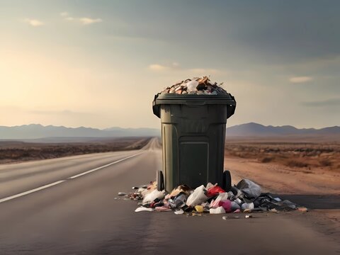 Trash bin full of garbage on a rural road