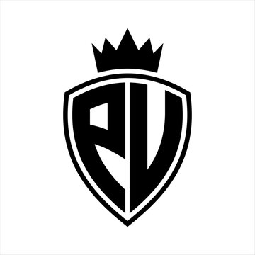 recommend clip art: PU Letter monogram shield and crown outline shape with black and white color design