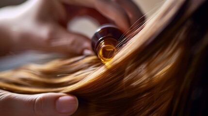 Hands Applying Nourishing Oil to Long,Lustrous Hair for Natural Beauty and Care