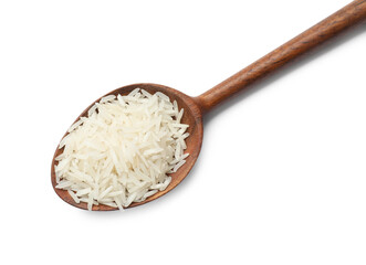Fototapeta na wymiar Raw basmati rice in spoon isolated on white, top view