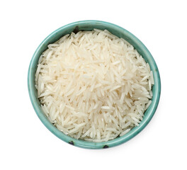 Raw basmati rice in bowl isolated on white, top view
