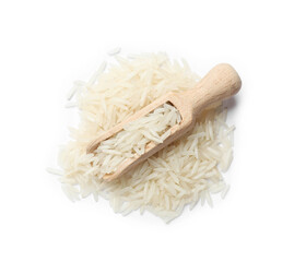 Raw basmati rice and scoop isolated on white, top view