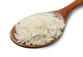 Raw basmati rice in spoon isolated on white