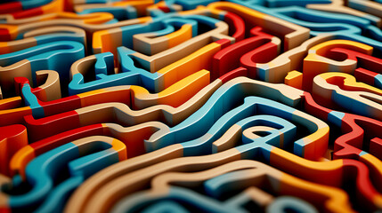 Abstract illustration of high angle of wooden maze with colourful narrow paths in blue and red with yellow colours