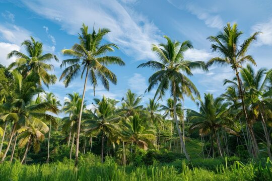 Low angle view of tropical coconut palm trees with clear blue sky - AI Generated. Beautiful simple AI generated image in 4K, unique.