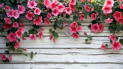 Fototapeta na wymiar Pink Floral Background on White Wooden Planks
