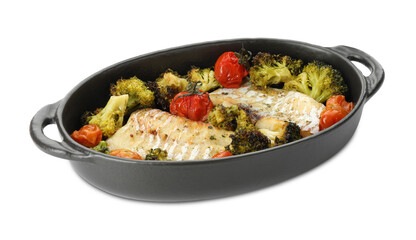 Tasty cod cooked with vegetables in baking tray isolated on white