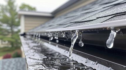 Clogged rain gutter during the rain