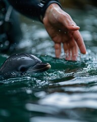 Illustrate a scene of divers releasing rehabilitated marine animals back into the wild Emphasize the emotional connection between humans and marine life - obrazy, fototapety, plakaty