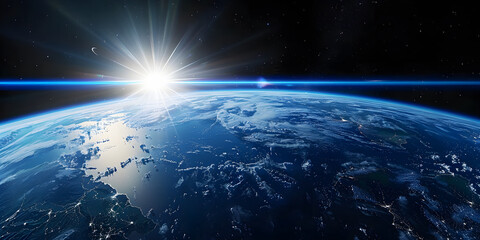 wide shot of the earth from space, blue horizon, black sky, bright sun in upper  - obrazy, fototapety, plakaty