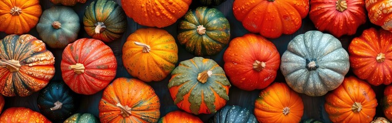 Colorful Autumn Harvest: Top View of Fresh Hokkaido Squash, Pumpkins, and Other Edible Vegetables for Thanksgiving Banner Background - obrazy, fototapety, plakaty