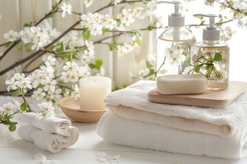 Obraz na płótnie Canvas Spa bathroom with toiletries, soap, and towel on soft white background for serene ambiance