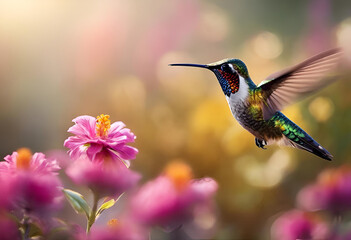 Fototapeta premium Hovering Hummingbird Feeding on Flower in Flight, with forest in background, Small colorful bird in flight.
