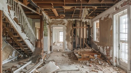 Interior view of an abandoned house, where time has left beams bare and walls crumbled - obrazy, fototapety, plakaty