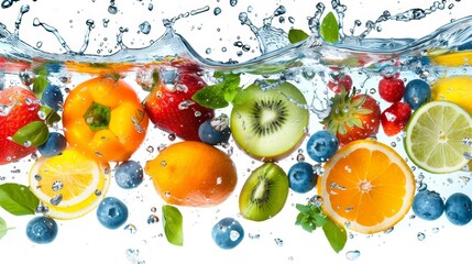 Fresh fruits and vegetables splashing into blue water, healthy food diet concept on white background
